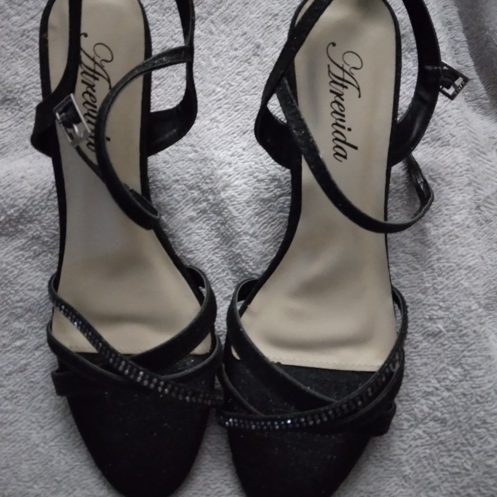 Atrevida Wedge Heels. Black and Sparkly with ankle buckle.